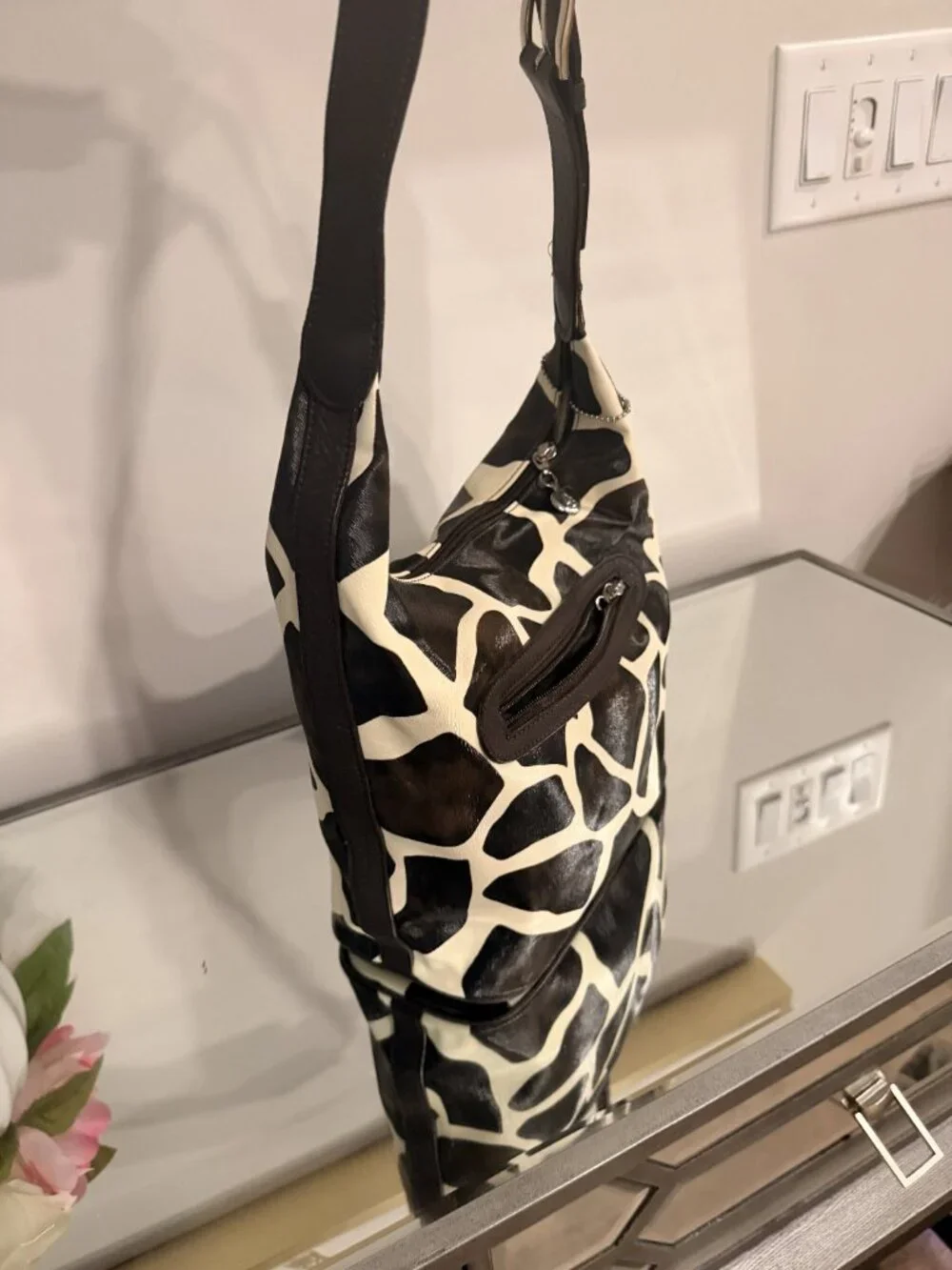 Dooney & Bourke Giraffe Print Hobo Shoulder Bag Brown Cream